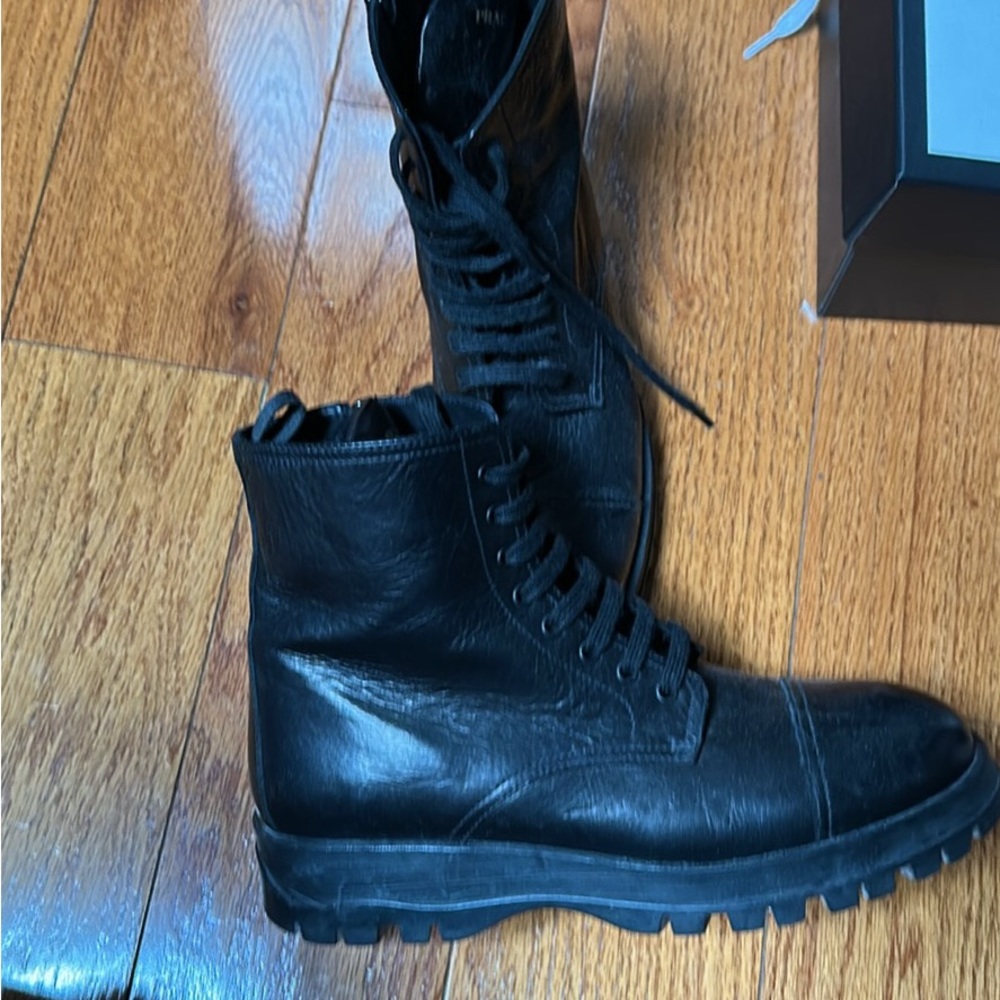 Prada Black Leather Combat Boots